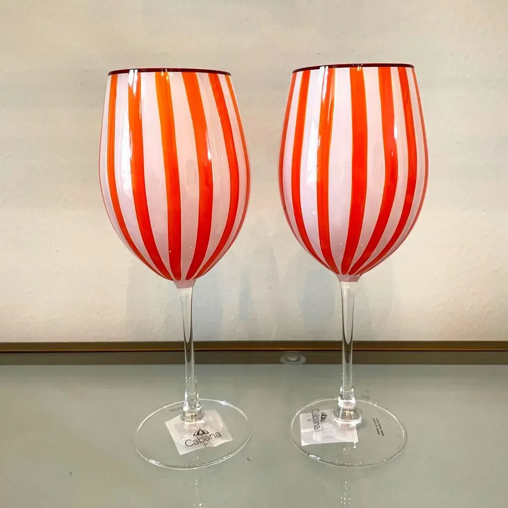 Cabana Orange Striped Wine Goblet Glass Set of 2 Holiday NEW